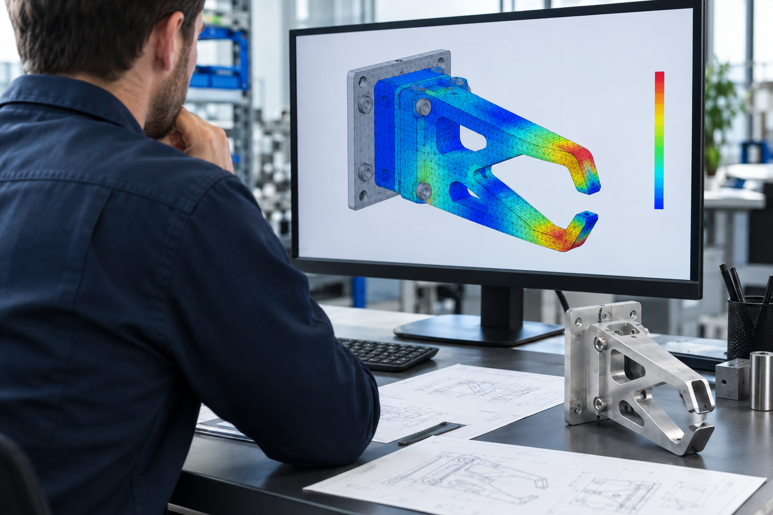 Illustrative engineering workstation showing a finite element model of robot tooling