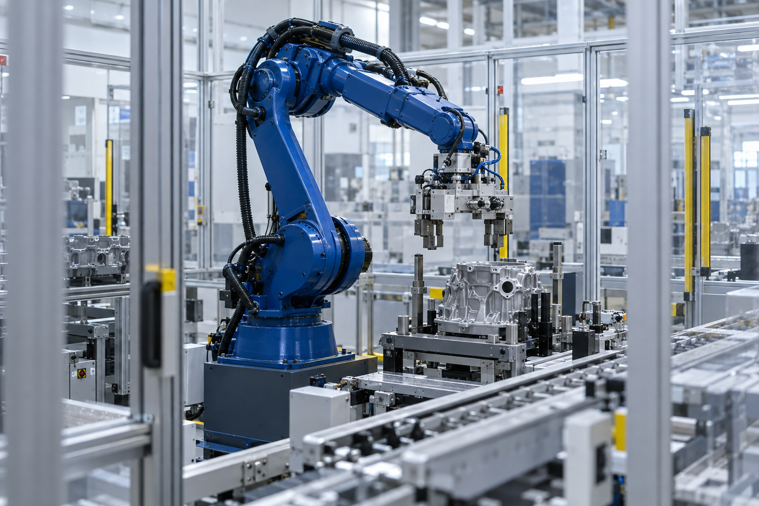 Illustrative robotic manufacturing cell with tooling, fixture and guarded conveyor